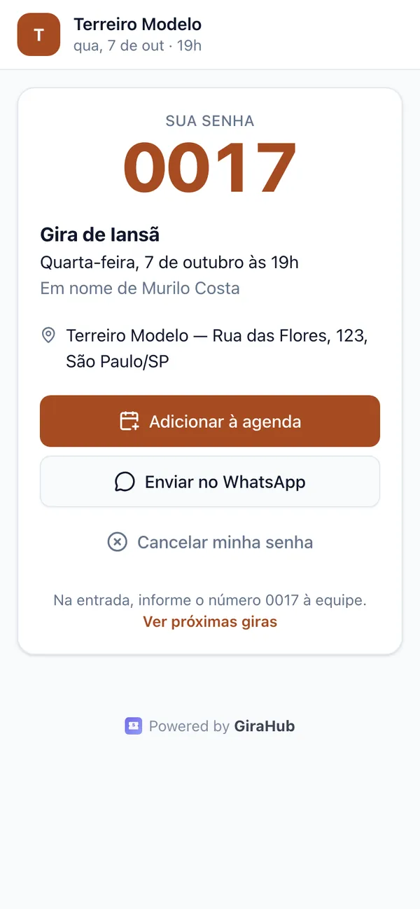 Bilhete da senha 0017 no celular, com data, endereço e botão para enviar no WhatsApp