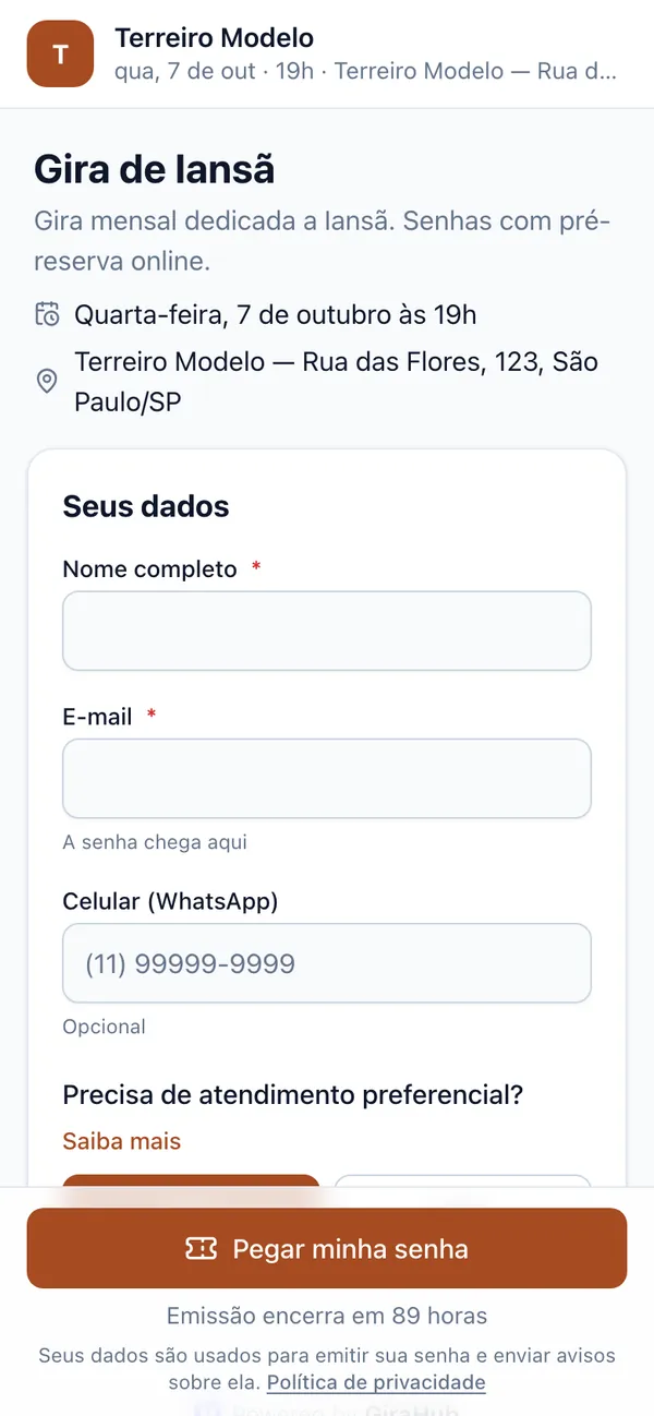Página da gira no celular, onde o consulente informa nome e contato para pegar a senha
