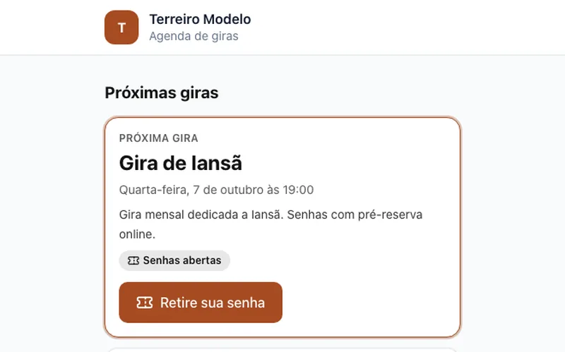Página pública do terreiro com as próximas giras e o botão Retire sua senha